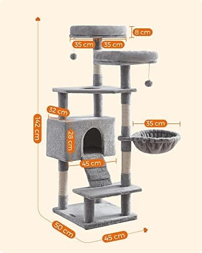 Feandrea Cat Tree, Cat Tower 142 cm, Cat Activity Center, Light Gray PCT160W01