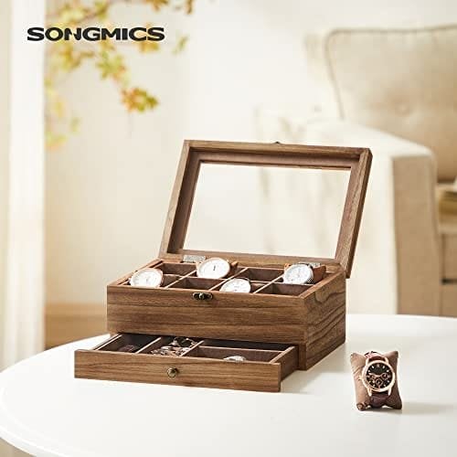 Songmics Watch Box med 8 slots, 2-lags træurkasse med stort glaslåg, urpuder, fløjlsforing, smykkeboks, gave til kære, rustik valnød