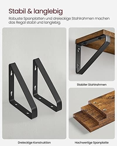 Vasagle væghylder, industriel flydende hylde vægmonteret, sæt med 3, stabilt displaystativ til stue, badeværelse, køkken, rustik brun LWS33BX