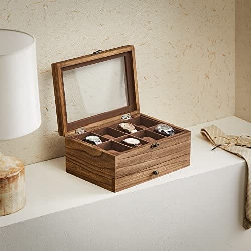 Songmics Watch Box med 8 slots, 2-lags træurkasse med stort glaslåg, urpuder, fløjlsforing, smykkeboks, gave til kære, rustik valnød
