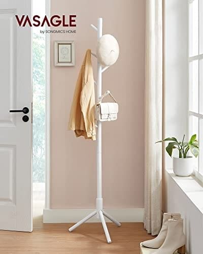 Vasagle Standing Coat Rack, Solid Wood Coat Rack, træformet frakkeholder med 8 kroge, 3 højdeindstillinger, til tøj, hatte, tasker, til stue, soveværelse, hjemmekontor, hvid RCR04WT