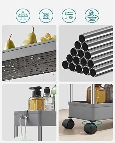Songmics 4-lags glide opbevaringsvogn, rullende vogn på hjul, pladsbesparende smal køkken badeværelse vogn, 40 x 12,5 x 86 cm, grå KSC008G01