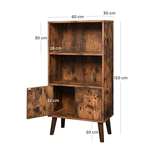 Vasagle retro reol, 2-lags boghylde med døre, opbevaringsskab til bøger, fotos, dekorationer, i stuen, kontor, bibliotek, moderne stil i midten af århundrede, brun ulbc09bx