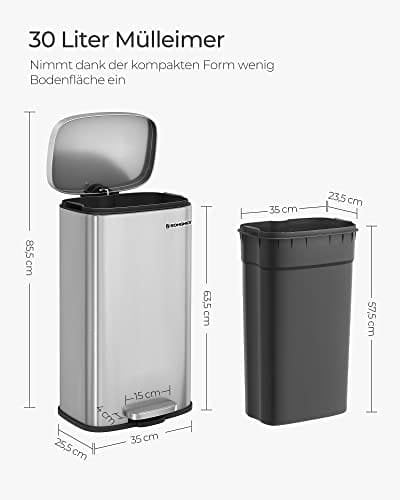 Songmics Kitchen Rubbish Bin, Pedal Papirkurv kan 30L, med plastisk indre spand, hængslet låg, blød lukning, lugtbeskyttelse og hygiejnisk, sølvfarve LTB03NL