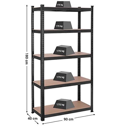 Songmics 5-lags reolerenhed, stålhylder til opbevaring, værktøjsfri samling, til garage, skur, belastningskapacitet 875 kg, 40 x 90 x 180 cm, sort GLR040B01