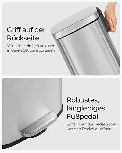 Songmics Kitchen Rubbish Bin, Pedal Papirkurv kan 30L, med plastisk indre spand, hængslet låg, blød lukning, lugtbeskyttelse og hygiejnisk, sølvfarve LTB03NL