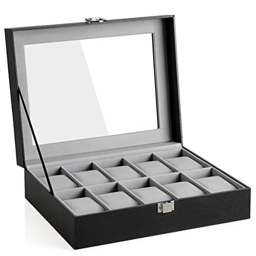Songmics Watch Box med 10 slots, urkasse med glas låg, ur displayboks med aftagelige urpuder, metallak, gaveide, sort syntetisk læder, grå foring JWB010BK