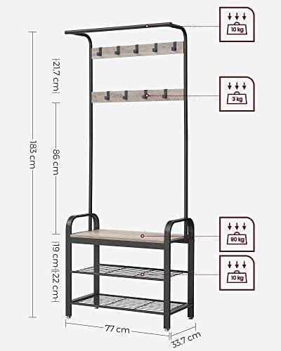 Vasagle Coat Rack, frakke står med skoopbevaringsbænk, 4-i-1 design, med 9 aftagelige kroge, en tøjskinne, til gangen, indgang, 33,7 x 77 x 183 cm, industriel, greige og sort HSR40MB