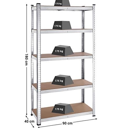 Songmics 5-lags hylderenheder, sæt med 2 stålshylder til opbevaring, værktøjsfri samling, til garage, skur, belastningskapacitet 875 kg, 40 x 90 x 180 cm, sølv GLR040E02
