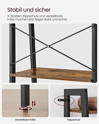 Vasagle Ladder hylde, 5-lags industriel reol, opbevaringsenhed, med metalramme, til stue, køkken, rustik brun LLS45X