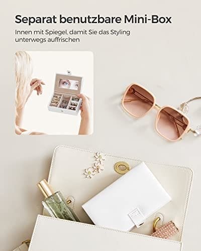 Songmics smykkeskasse, arrangør med 2 skuffer, låsbar sag med spejl, bærbar rejsesag, til ringe, armbånd, øreringe, halskæder, fløjlforing, gave, hvid JBC121W