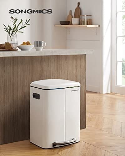 Songmics Double Rubbish Bin, 2 X 20 L Kitchen Bin, Dual Compment Metal Step Bin, med plastiske indre spande, blød-tæt låg og håndtag, lugtforsegling, hvid LTB40WT