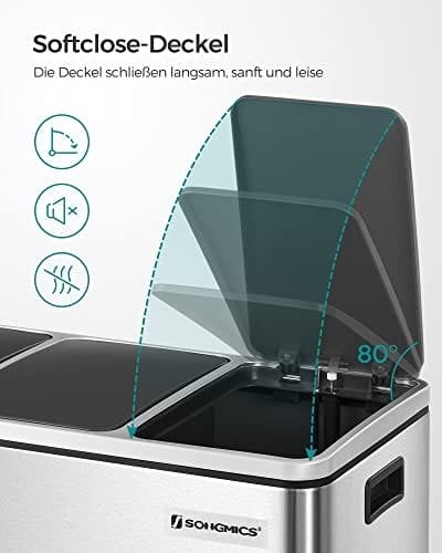 Songmics Recycling Bin, 3 X 18 L Triple Kitchen Bin, 3 Rum Pedal Bin With Soft-Close Låg, Plast
