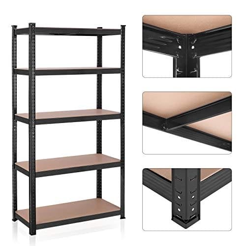 Songmics 5-lags reolerenhed, stålhylder til opbevaring, værktøjsfri samling, til garage, skur, belastningskapacitet 875 kg, 40 x 90 x 180 cm, sort GLR040B01