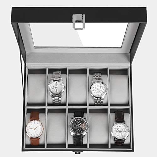 Songmics Watchbox 10 paikkaa, kellokotelo lasikannella, harmaa vuori