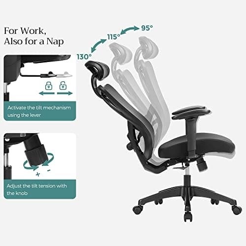 SONGMICS kontorsstol, ergonomisk skrivbordsstol, datorstol, meshstol, svart