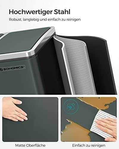 Songmics Recycling Bin, 3 X 18 L Triple Kitchen Bin, 3 Rum Pedal Bin With Soft-Close Låg, Plast