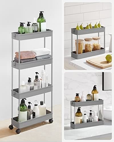 Songmics 4-lags glide opbevaringsvogn, rullende vogn på hjul, pladsbesparende smal køkken badeværelse vogn, 40 x 12,5 x 86 cm, grå KSC008G01