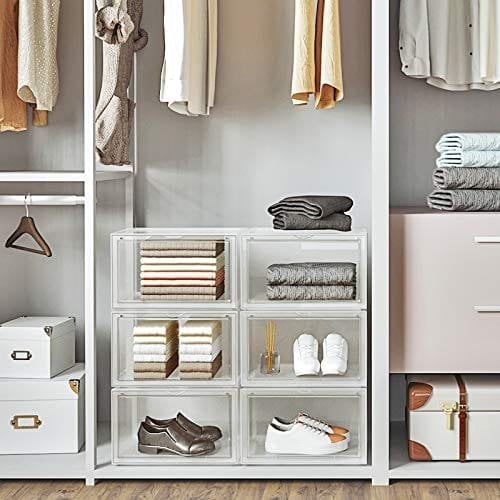 Songmics -skobokse, pakke med 6 stable skoarrangører med klar dør, plastskoopbevaring til britisk størrelse 11, 36 x 28 x 22 cm, gennemsigtig LSP06CW