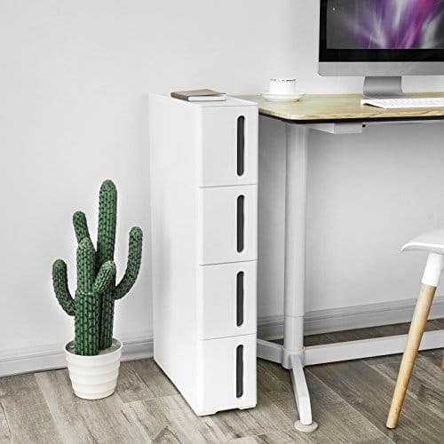 Songmics plastopbevaringsskuffer, smal opbevaringsvogn på hjul, 4-skuffe opbevaringsenhedstårn til badeværelse køkken, rumbesparende, 45 x 17 x 83 cm, hvid og brun KFR08WT