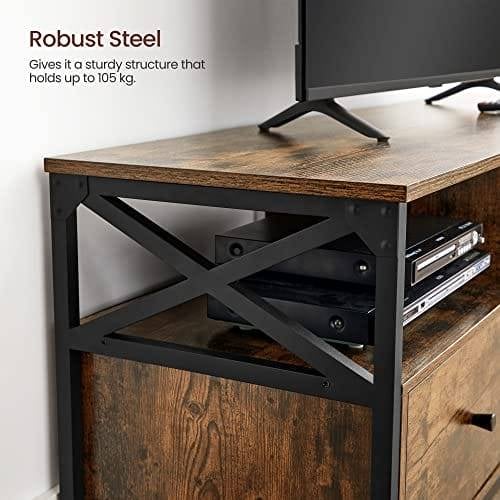Vasagle TV Stand, tv -kabinet til op til 65 tommer tv, tv -bord med 3 skuffer og 3 åbne hylder, 40 x 147 x 50 cm, til stue, soveværelse, stålramme, rustik brun og sort LTV301B01