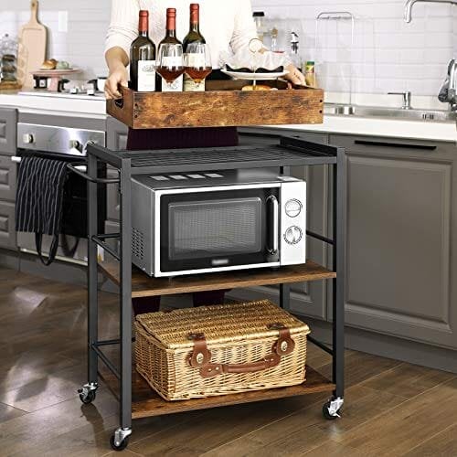Vasagle Kitchen Trolley med aftagelig bakke, servering af vognvogne, universelle koder med bremser, nivellerende fødder, stålstruktur, køkkenhylde, 65 x 40 x 86 cm, rustik brun LRC72X