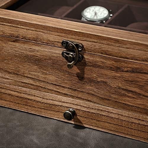 Songmics Watch Box med 8 slots, 2-lags træurkasse med stort glaslåg, urpuder, fløjlsforing, smykkeboks, gave til kære, rustik valnød