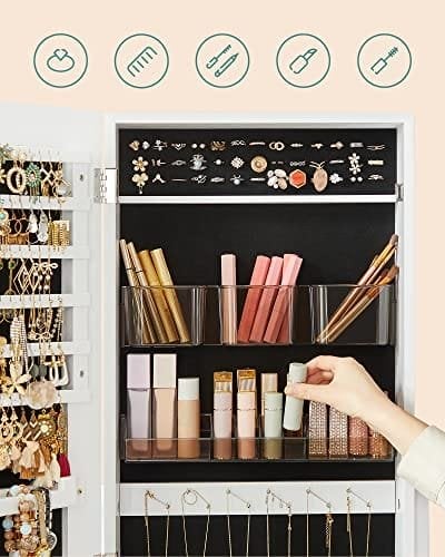 Songmics Jewelry Cabinet Armoire, fritstående låsbar opbevaringsarrangørenhed med 2 plastkosmetisk opbevaring, rammeløst spejl i fuld længde, til halskædeørering, hvid ujjc002w01