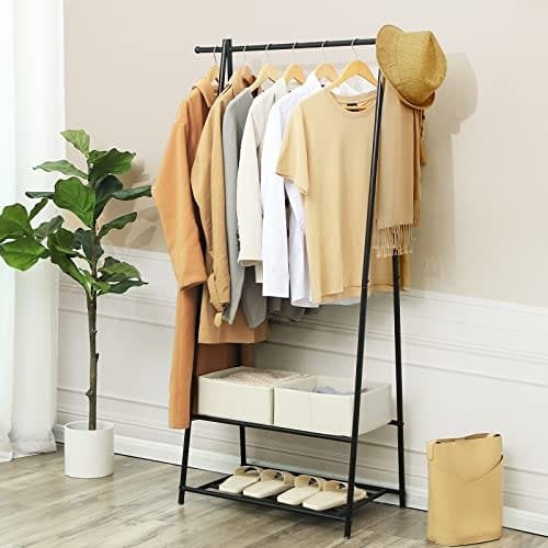 Songmics Coat Rack, Coat Stand, tøjstativ med 2-lags opbevaringshylde til sko og kurve, metalramme, rumbesparende, ideel til soveværelse, indgang, kontor og mere, sort HSR05B