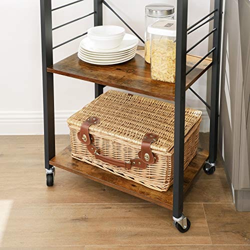 Vasagle køkkenhylde på hjul, serveringsvogn med 3 hylder, mikrobølgehylde, til miniovn, brødrister, metalramme med 6 kroge, industriel design, rustik brun KKS60XV1