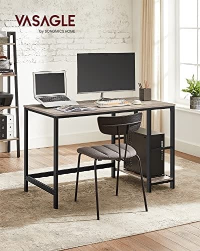Vasagle Computer Desk, Writing Desk med 2 hylder på venstre eller højre, arbejdsbord til kontorstue, stålramme, industriel, greige og sort LWD47MB