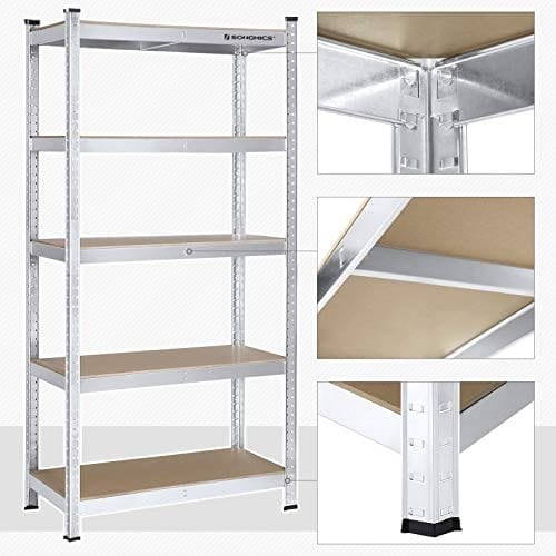 Songmics 5-lags hyldeenhed, stålhylder til opbevaring, værktøjsfri samling, til garage, skur, belastningskapacitet 875 kg, 40 x 90 x 180 cm, sølv GLR40SV