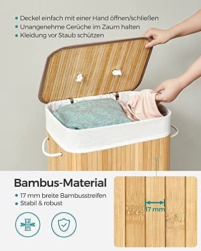 Songmics bambusvaskekurv, XL sammenklappelig opbevaring hæmmer med aftagelig vaskbar foring, 72L, 40 x 30 x 60 cm, naturlig LCB10Y