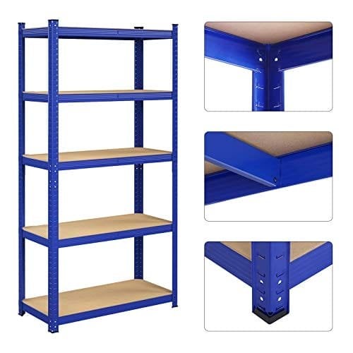 Songmics 5-lags reolerenhed, stålhylderenhed til opbevaring, værktøjsfri samling, til garage, skur, belastningskapacitet 875 kg, 40 x 90 x 180 cm, blå GLR040Q01