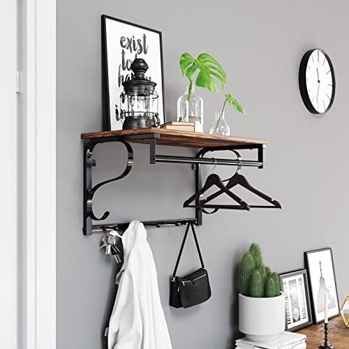 Vasagle industriel frakke rack hylde vægmonteret, krog rack hylde med 5 kroge og hængende jernbane til indgang, hallway, badeværelse, stue, rustik brun, sort LCR11BX