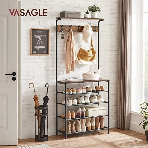 Knageholder, Entre med Skoopbevaring, 5 Etagers Skohylde Forskellig Højde, 5 Dobbeltkroge, Øverste Hylde, Entre Soveværelse Sovesal Lejlighed, Industriel, Rustik Brun og Sort