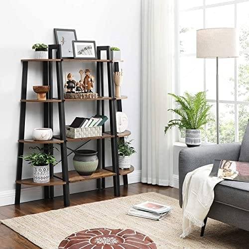 Vasagle Corner Shelf, 4-lags industriel opbevaringsstativ, stigen om skov, arrangørenhed til hjemmet, stue, soveværelse, balkon, rustik brun og sort LLS34X