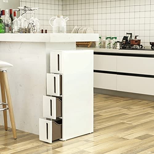 Songmics plastopbevaringsskuffer, smal opbevaringsvogn på hjul, 4-skuffe opbevaringsenhedstårn til badeværelse køkken, rumbesparende, 45 x 17 x 83 cm, hvid og brun KFR08WT