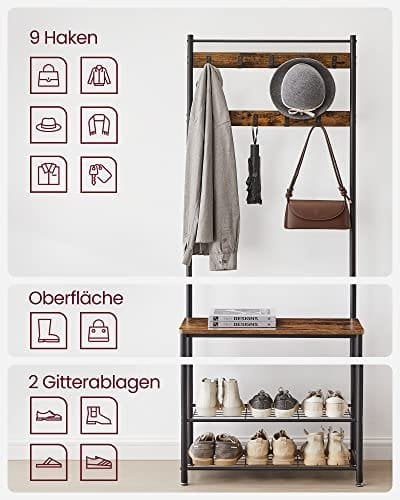 Vasagle Coat Rack, frakke står med skoopbevaringsbænk, halltræ med skostativ, 3-i-1 design, stålramme, til gangen, indgang, 32 x 70 x 175 cm, industriel, rustik brun og sort HSR41BX