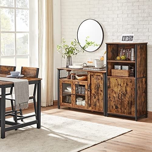Vasagle Buffet Cabinet, skænk, gulvopbevaringsskab med gennemsigtige døre, rustik ULSC096B01