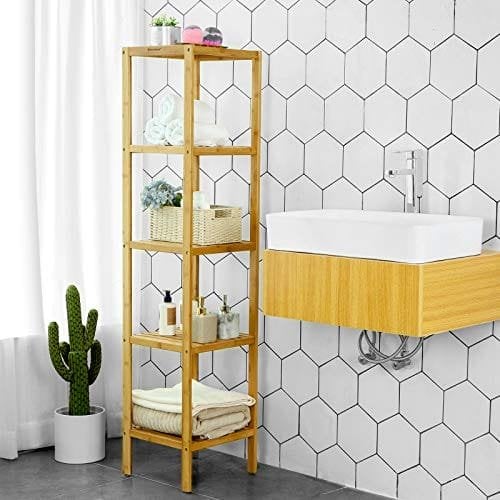 Songmics 5-lags bambus badeværelseshylde, stående køkkenstativ, 33 x 33 x 146 cm (l x w x h), til smalle rum, stue, soveværelse, hallway bcb55y