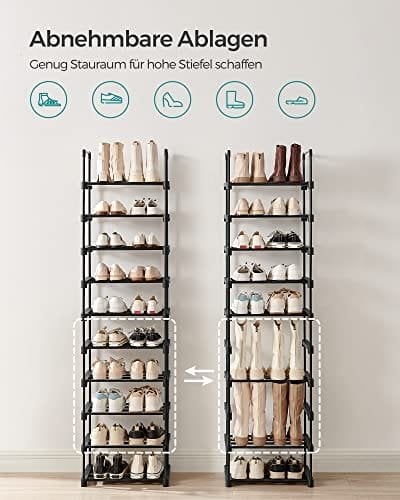 Songmics Shoe Rack, 10-lags metal skoopbevaringsarrangør, tilpasselig design, metalramme, rumbesparende rack, til omklædningsrum, gang, 30 x 45 x 174 cm, sort LSA25BK
