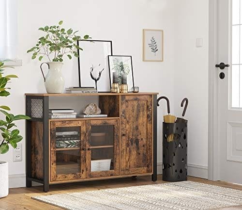 Vasagle Buffet Cabinet, skænk, gulvopbevaringsskab med gennemsigtige døre, rustik ULSC096B01