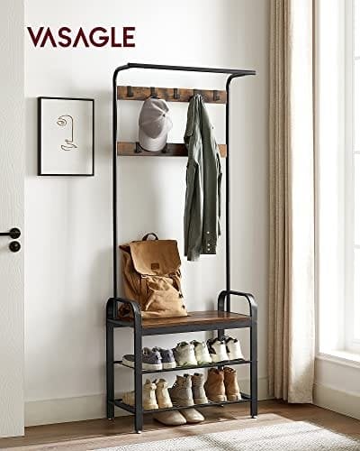 Vasagle Coat Rack, frakke står med skoopbevaringsbænk, 4-i-1 design, med 9 aftagelige kroge, en tøjskinne, til gangen, indgang, 33,7 x 77 x 183 cm, industriel, rustik brun og sort HSR40B