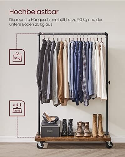 Vasagle tøjskinne til soveværelse, kraftigt tøjstativ, industrielt rørrullende tøjstativ med hylde, topskinne max. Last 90 kg, vaskerum, detailbutik, rustik brun og sort HSR65BXV1