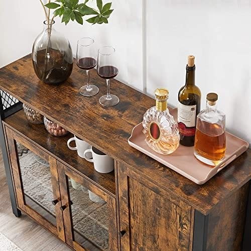 Vasagle Buffet Cabinet, skænk, gulvopbevaringsskab med gennemsigtige døre, rustik ULSC096B01