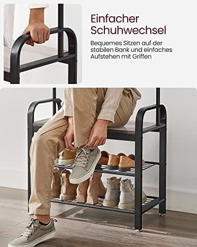 Vasagle Coat Rack, frakke står med skoopbevaringsbænk, 4-i-1 design, med 9 aftagelige kroge, en tøjskinne, til gangen, indgang, 33,7 x 77 x 183 cm, industriel, greige og sort HSR40MB