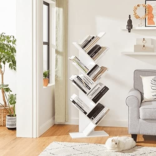 Vasagle Tree Bookhelf, 8 lagsgulvstående reol med træhylder til stue, hjemmekontor, hvid LBC11WTV1