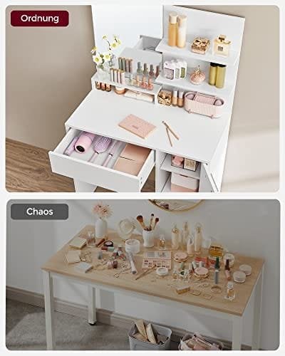 Vasagle -omklædningsbord, makeup -bord, forfængelighedsbord med spejl, 1 skuffe, 2 hylder, opbevaringsskab, makeup -arrangør, hvid RDT119W01
