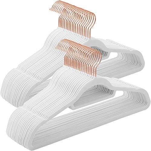 Songmics fløjlbøjler, sæt med 50 frakkehænger til tøj, skridsikre, med bindestang og roseguldkrog, pladsbesparende, 0,6 cm tyk, 43,5 cm lang, til kjoler bukser, hvid CRF021W02
